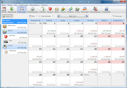 Скриншот домашней бухгалтерии Alzex Finance 5.2
