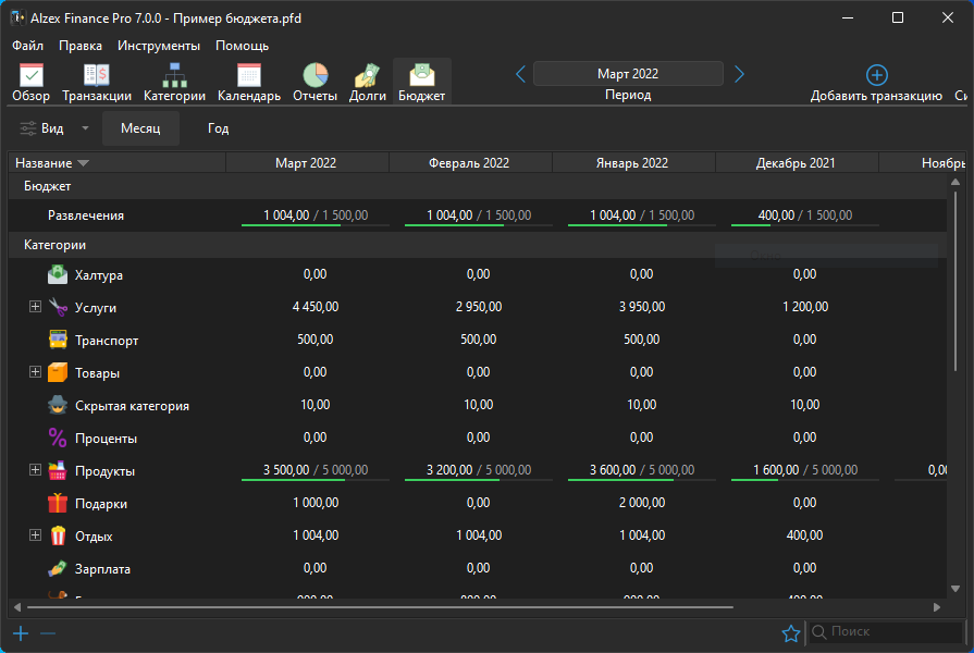 Скриншот домашней бухгалтерии Alzex Finance 7.0